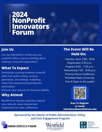 Nonprofit Innovators Forum @ Dever Auditorium and RIDE Center, Parenzo Hall, Westfield State University